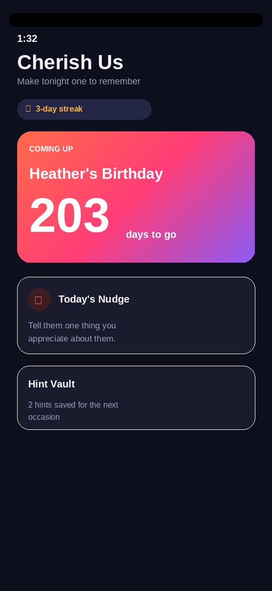 Cherish Us home screen showing a countdown to a birthday